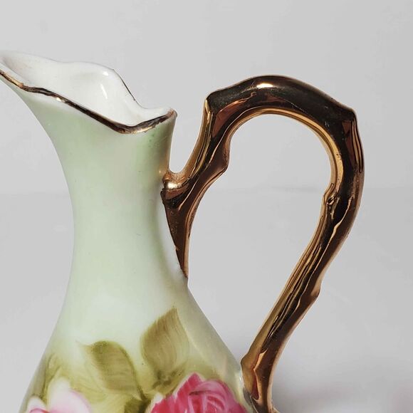 Lefton Green Heritage Small Pitcher Pink Roses Vintage - Picture 5 of 7
